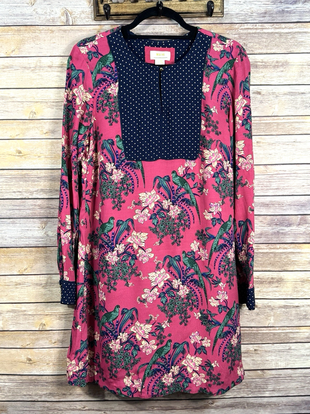 Anthropologie Maeve Pink Navy Blue Flowers & Polkadot Long Sleeve Shift Dress 8